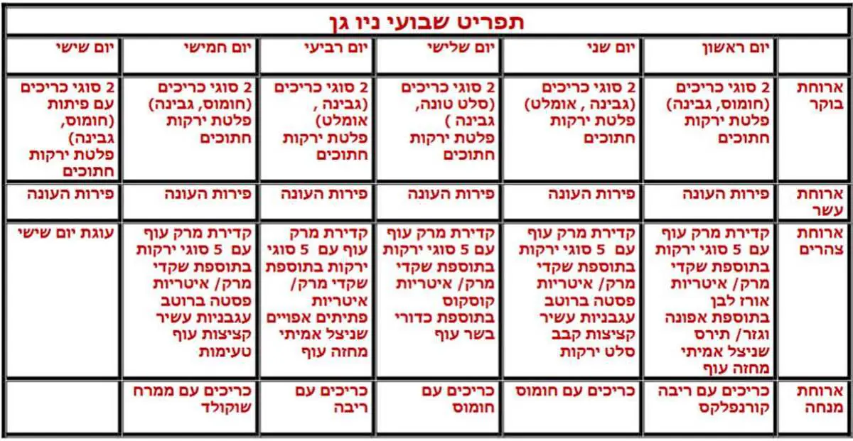 תפריט שבועי ניו גן