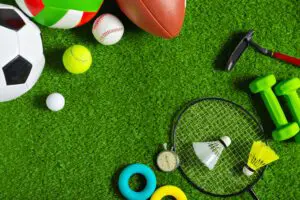 Various sport tools on grass